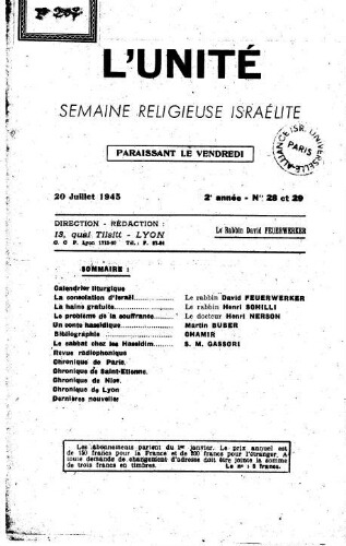 L'Unité : Semaine religieuse israélite. 2ème Année N° 28-29 (20 juillet 1945)